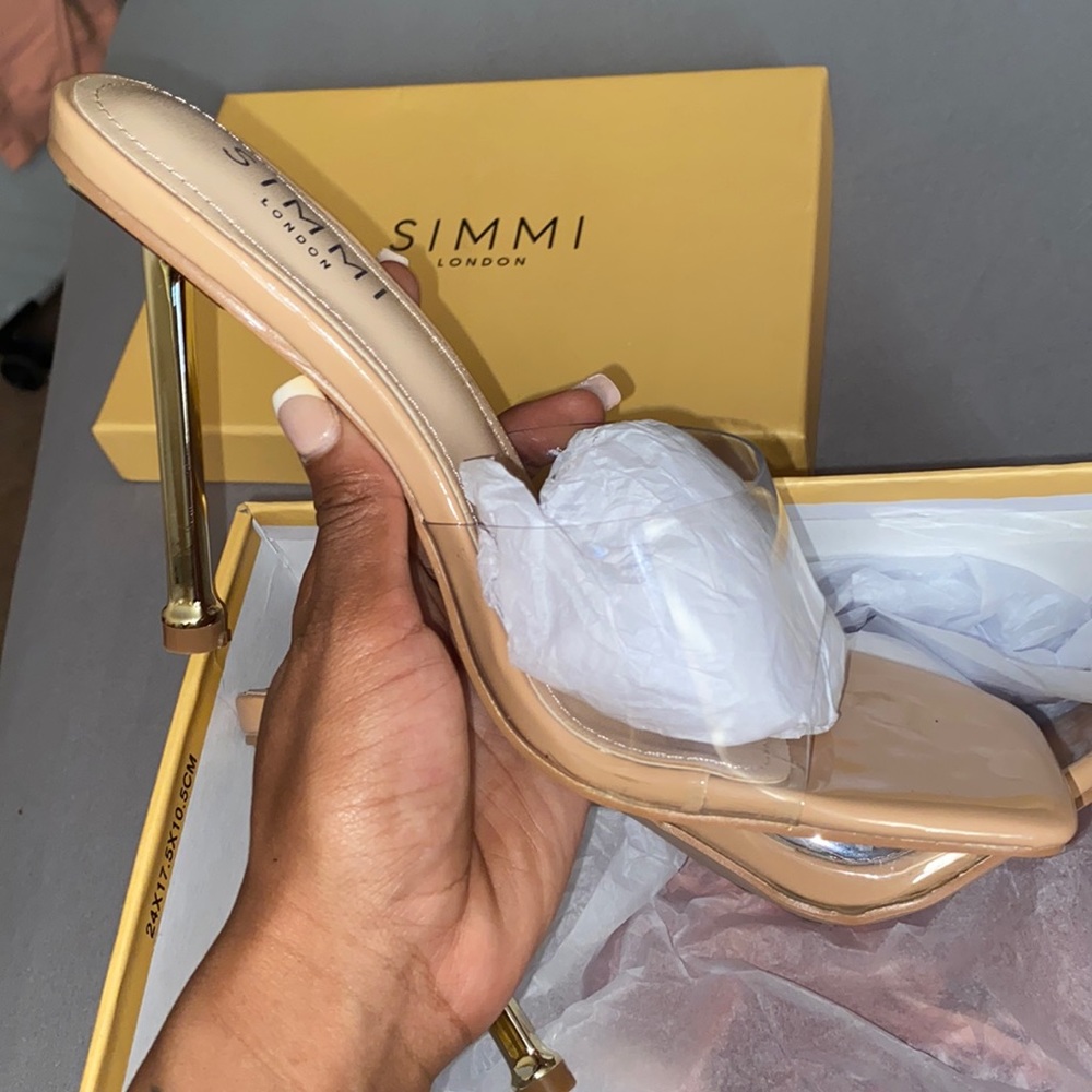 Nude Clear Strap Square Toes Stiletto Mules